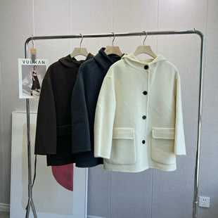 反季清仓！双面大衣！羊驼绒真丝羊毛呢！连帽毛呢外套短呢子女