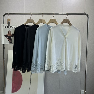 2026春季新款德国扬子纱·浪漫法式蕾丝刺绣V领宽松针织开衫