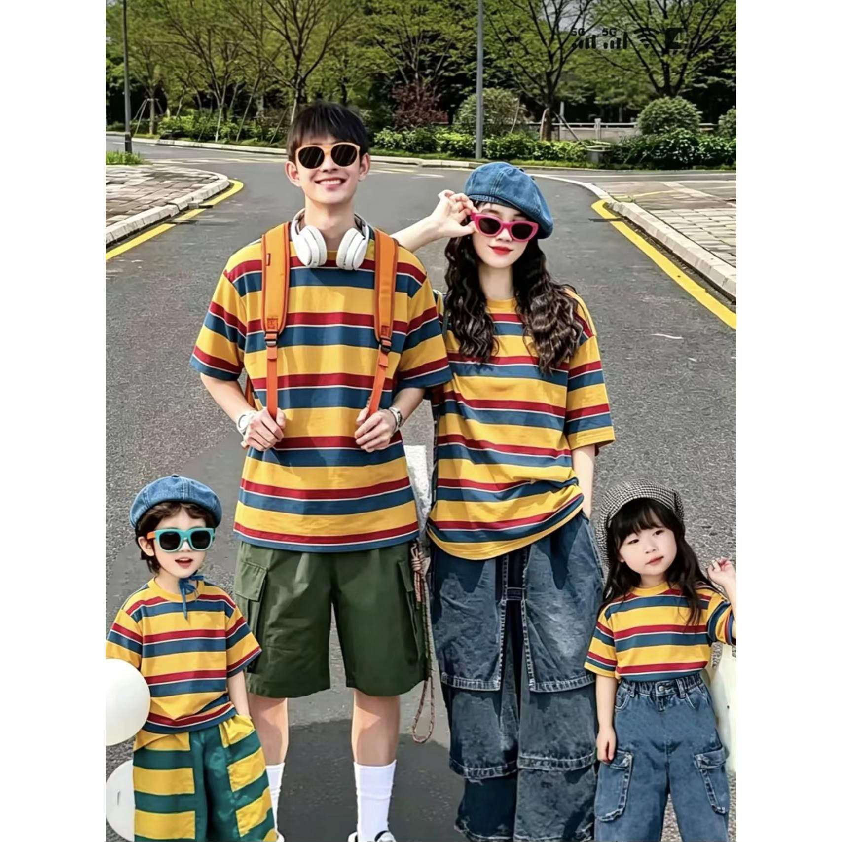 夏季撞色条纹纯棉亲子装短袖T恤