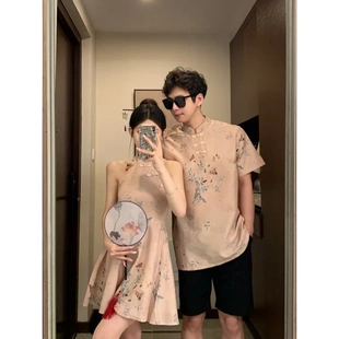 2026情侣装夏季新中式古风挂脖短款连衣裙花色短袖衬衫男款短裤潮