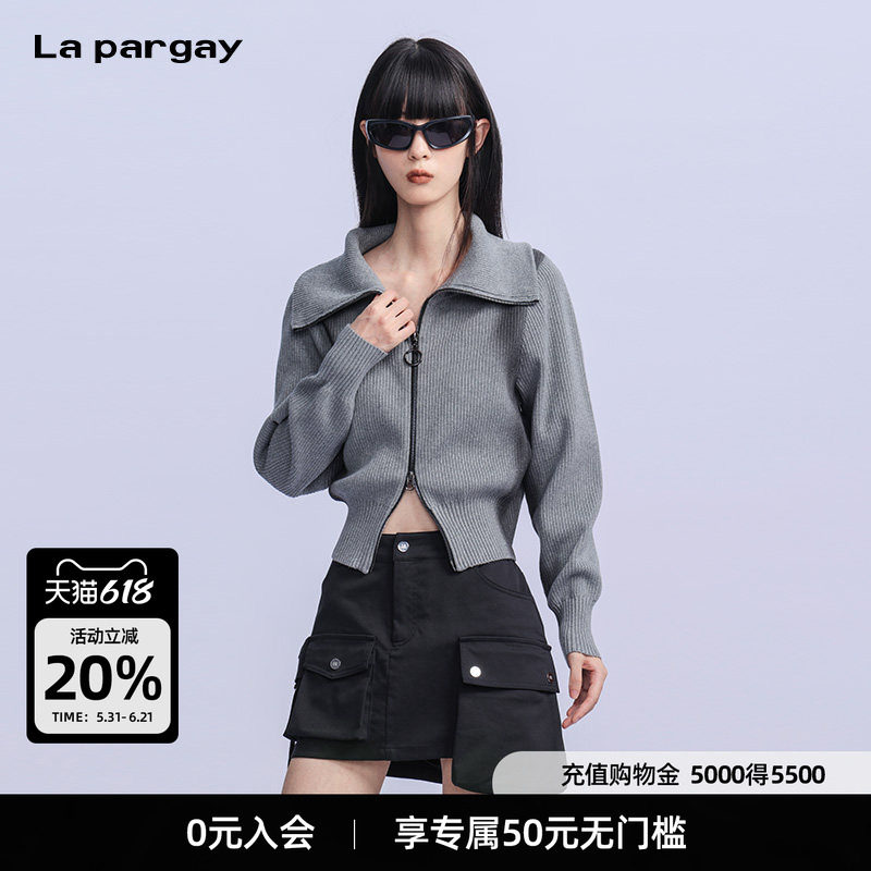 La pargay纳帕佳双拉链长袖立领收腰针织衫2026春季新款保暖上衣