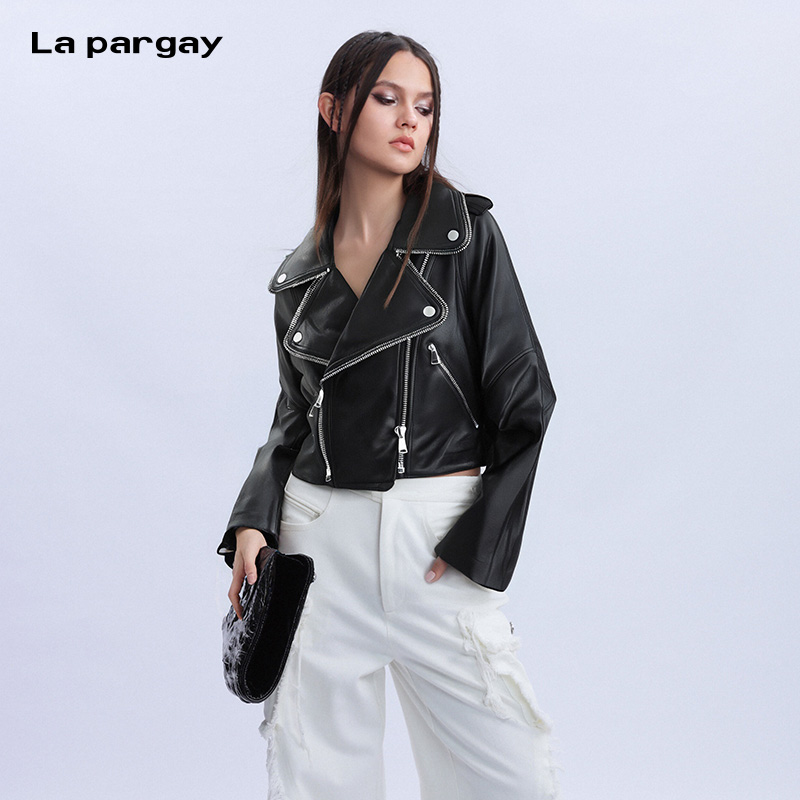 La pargay纳帕佳长袖皮衣2025秋季新款女士黑色个性时尚休闲上衣