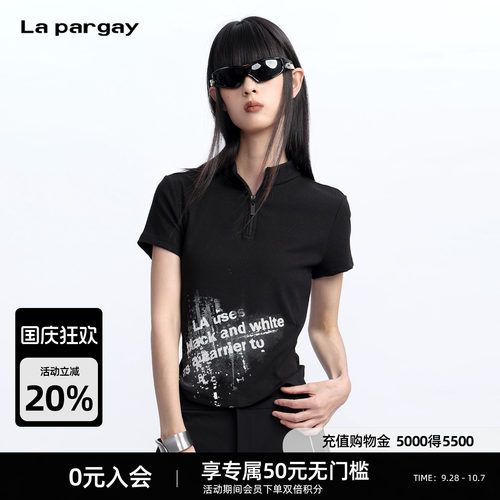 Lapargay 字母印花短袖T恤 短款修身上衣 半开拉链设计L75300204V