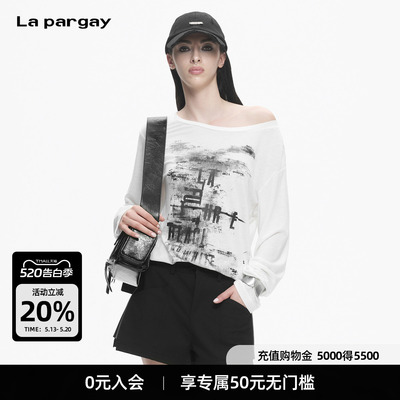 Lapargay水墨印花斜肩露肩T恤