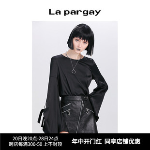 新款 女装 黑色上衣百搭时尚 套头T恤 Lapargay纳帕佳秋季 修身 长袖