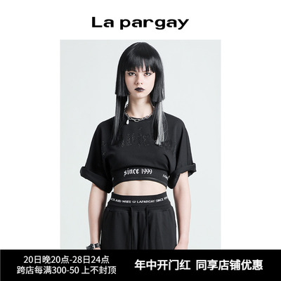 Lapargay纳帕佳2024夏新款女装黑白色上衣休闲短款五分袖圆领T恤