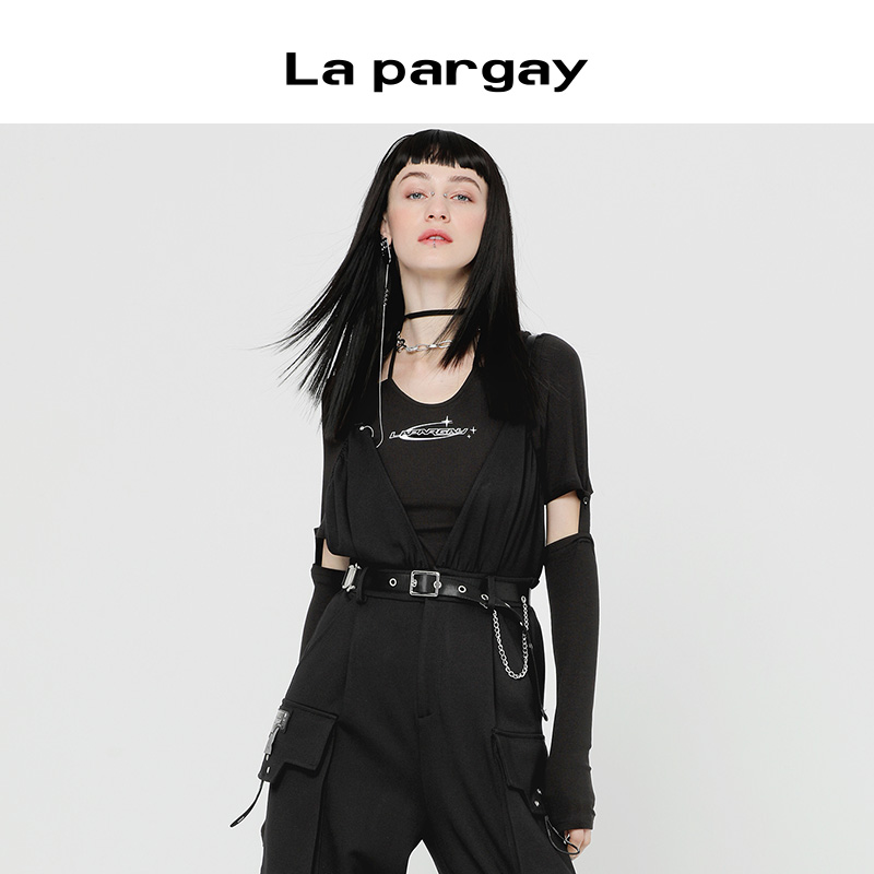 Lapargay纳帕佳t恤女2025年新款别致设计感小众黑色修身时尚薄款