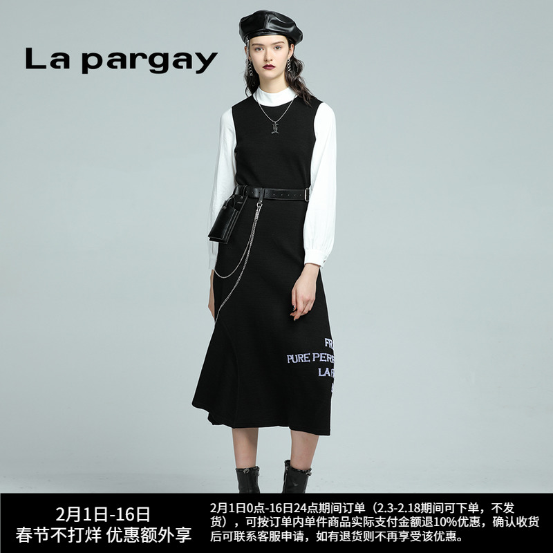 Lapargay纳帕佳新款春秋中长款羊毛黑色拼接假两件复古风连衣裙女