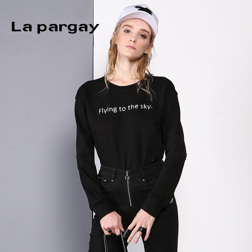 Lapargay纳帕佳新款女秋季黑白色休闲针织套头小衫上衣打底衫