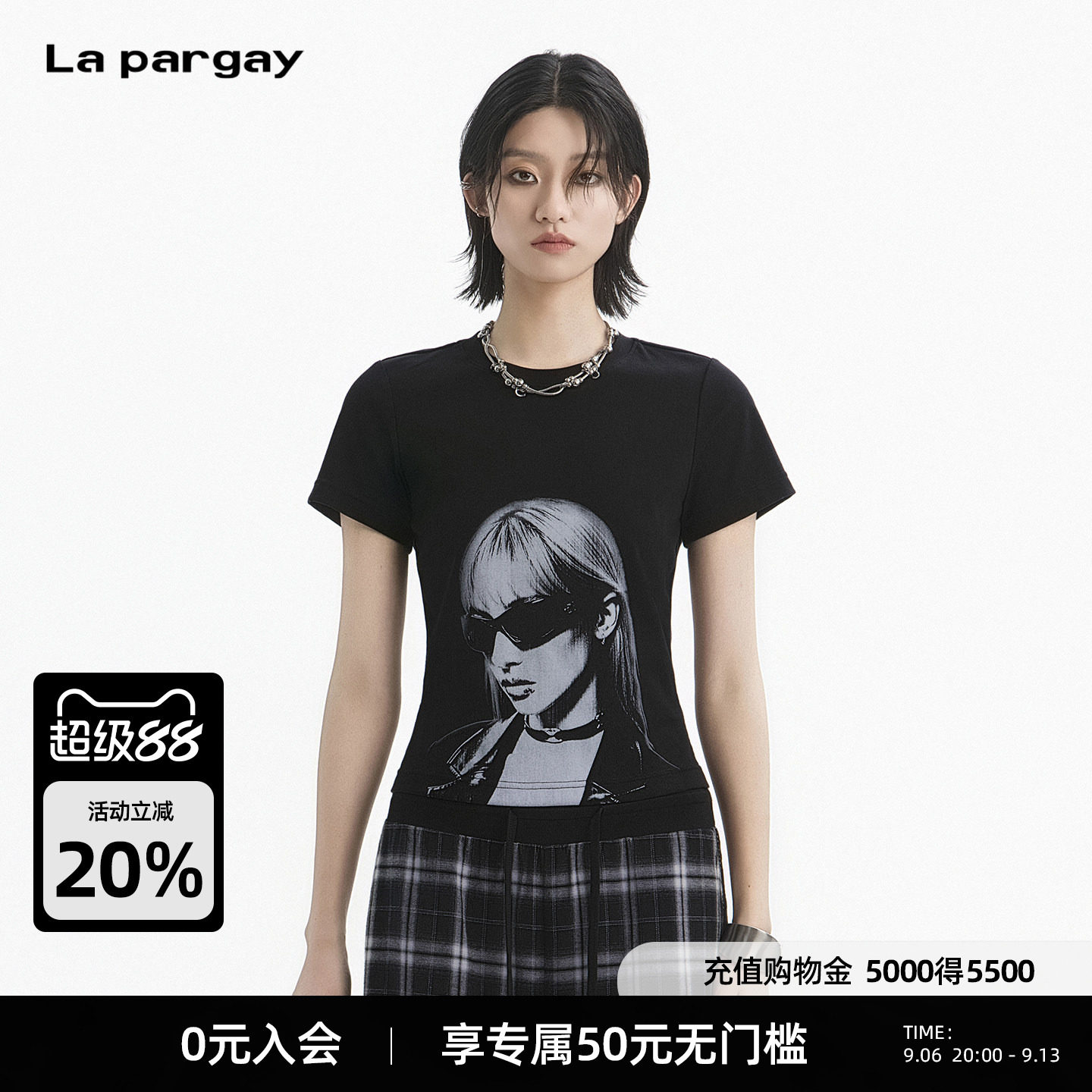 Lapargay 复古短款T恤 黑白人像印花 辣妹正肩百搭上衣L78300203V