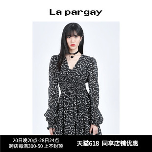 新款 Lapargay纳帕佳2024春季 连衣裙女桑蚕丝收腰显瘦V领印花裙子