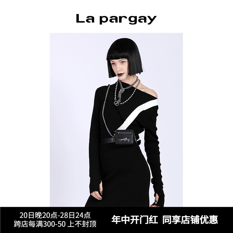 Lapargay纳帕佳2023秋冬新款女装黑色裙子休闲翻领套头毛织连衣裙