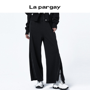 纳帕佳休闲直筒开衩阔腿裤2026春季新款女式黑色高腰宽松休闲裤子