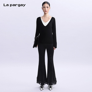 黑白打底毛衫 时尚 2025春新款 pargay纳帕佳100%绵羊毛V领针织衫