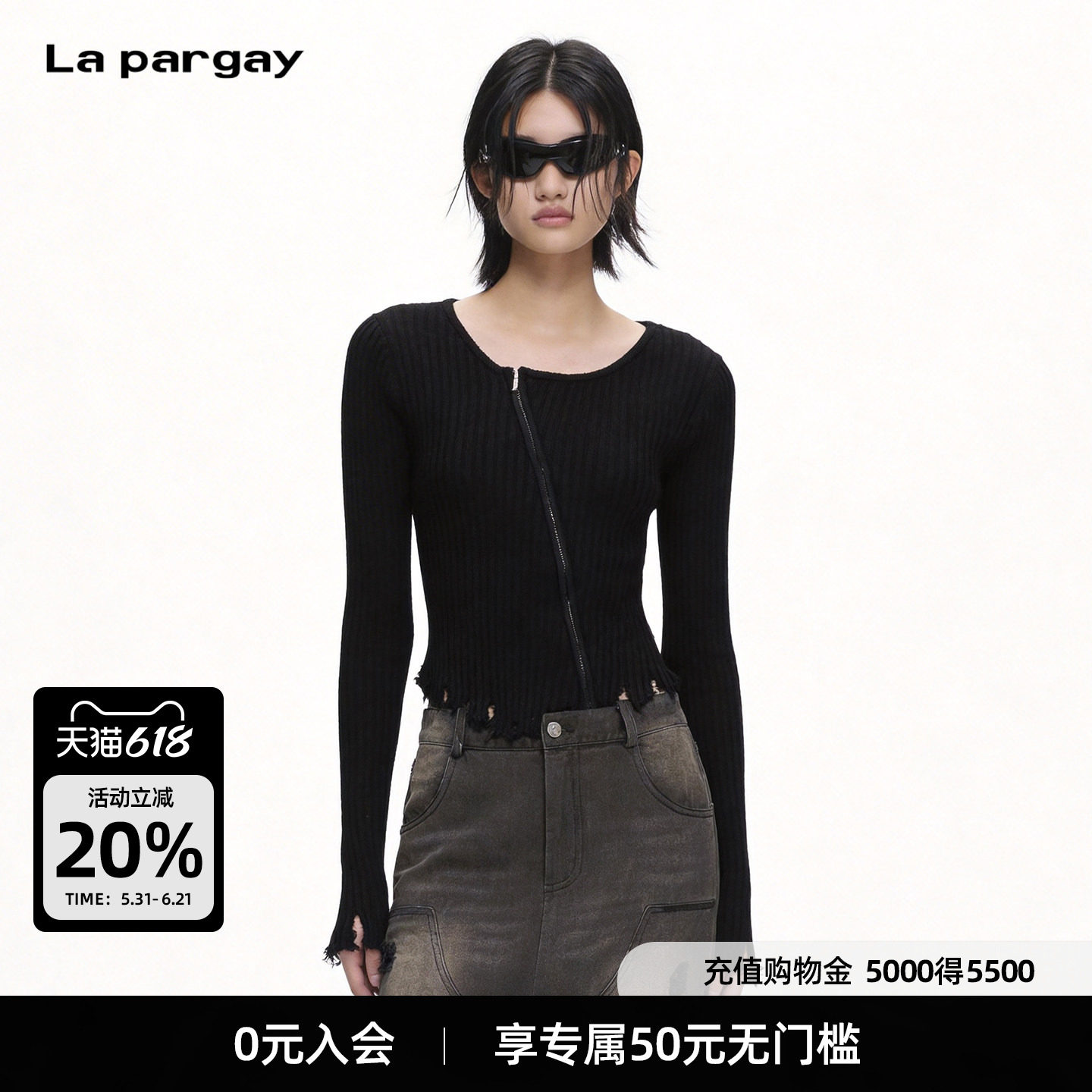 Lapargay斜拉链设计 修身弹力不束缚 毛边下摆针织打底L72108209C