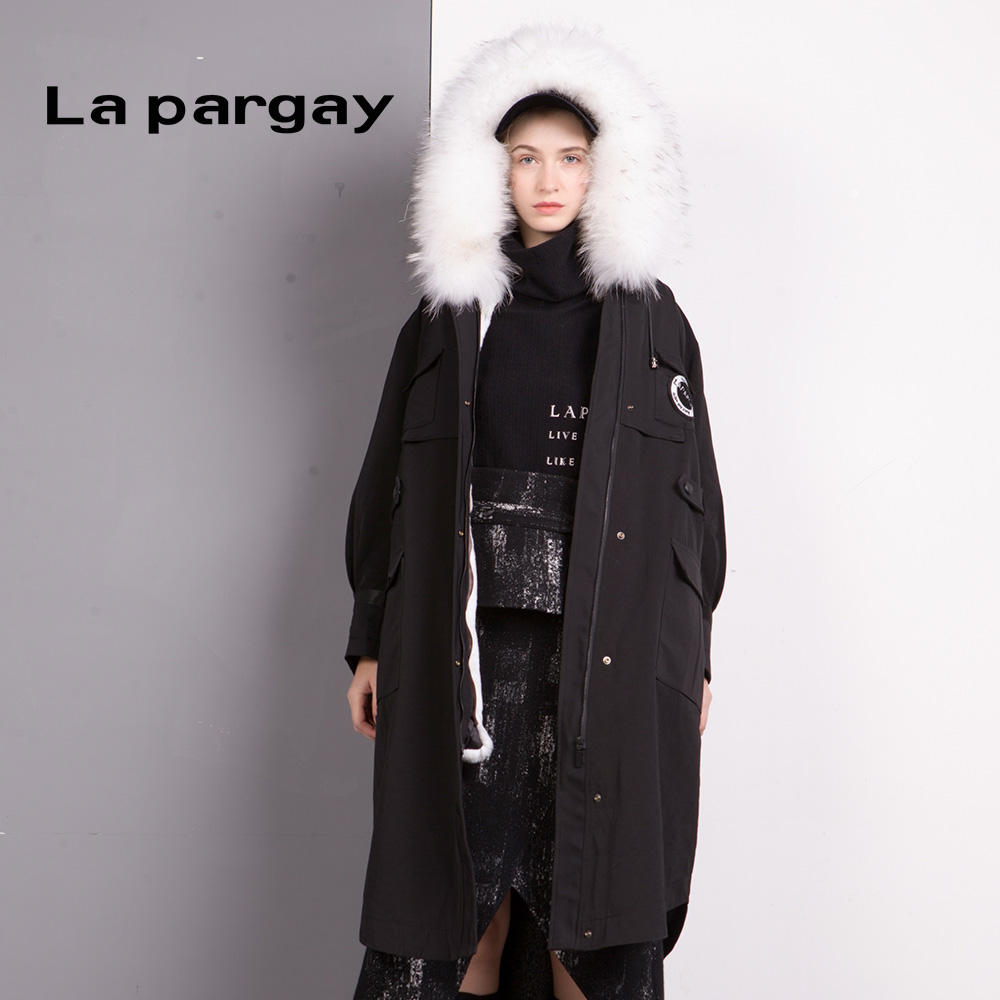 Lapargay纳帕佳新款女装冬季黑色中长款连帽保暖羽绒服棉服