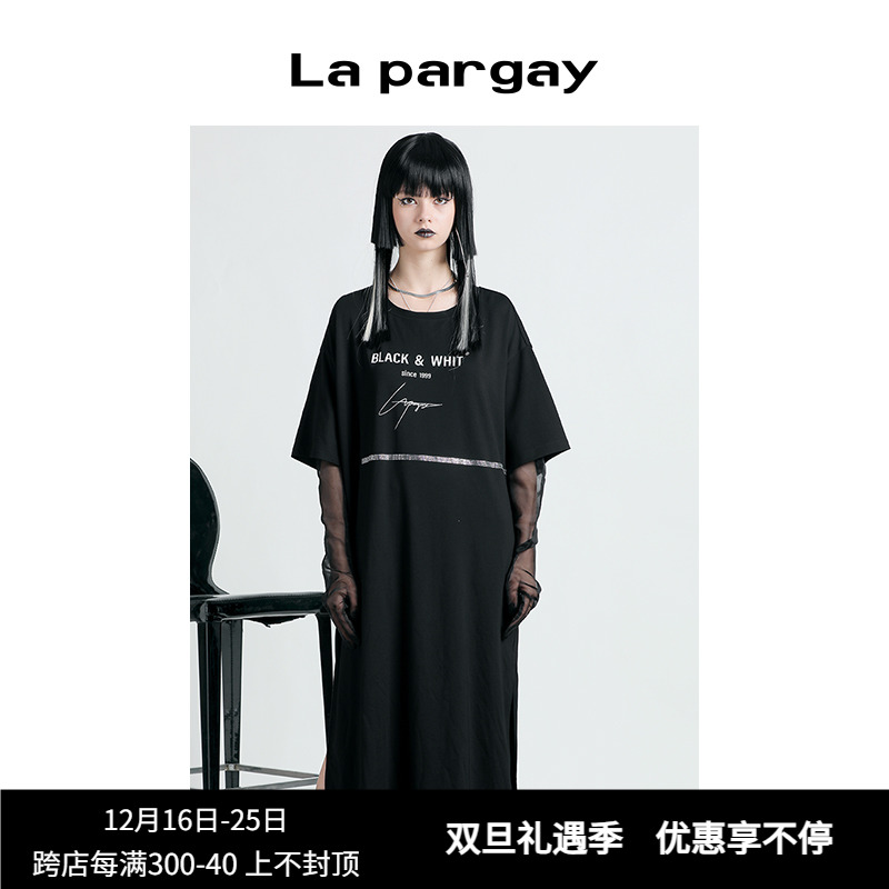 Lapargay纳帕佳夏季新款女装黑白色裙子个性时尚短袖针织连衣裙潮