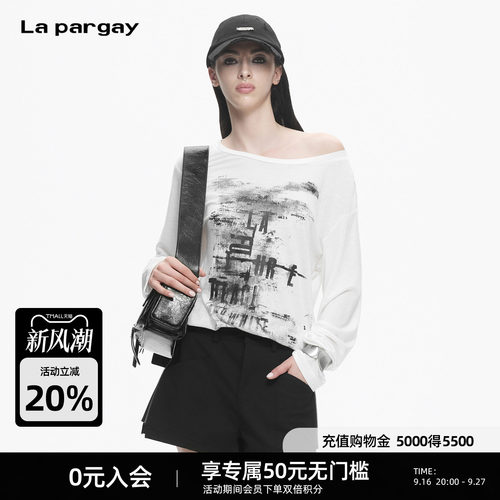 Lapargay水墨印花斜肩露肩T恤