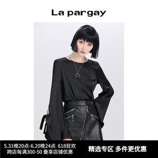 新款 女装 黑色上衣百搭时尚 套头T恤 Lapargay纳帕佳秋季 修身 长袖