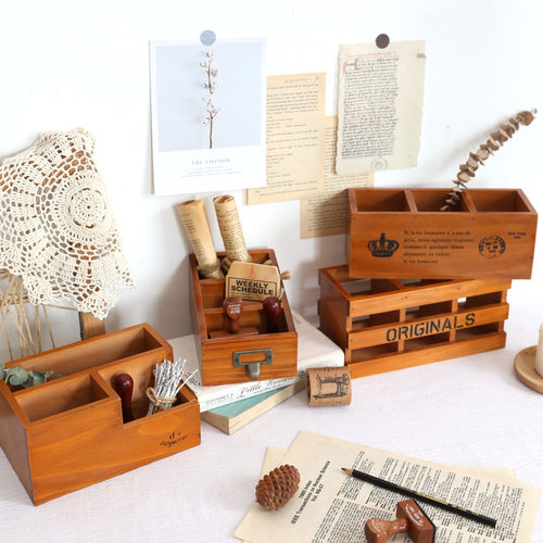 办公桌面笔筒子木优品复古木制