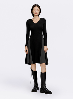 播2023春秋显瘦优雅修身收腰A字版型撞色拼接连衣裙女 BDQ1LD0404