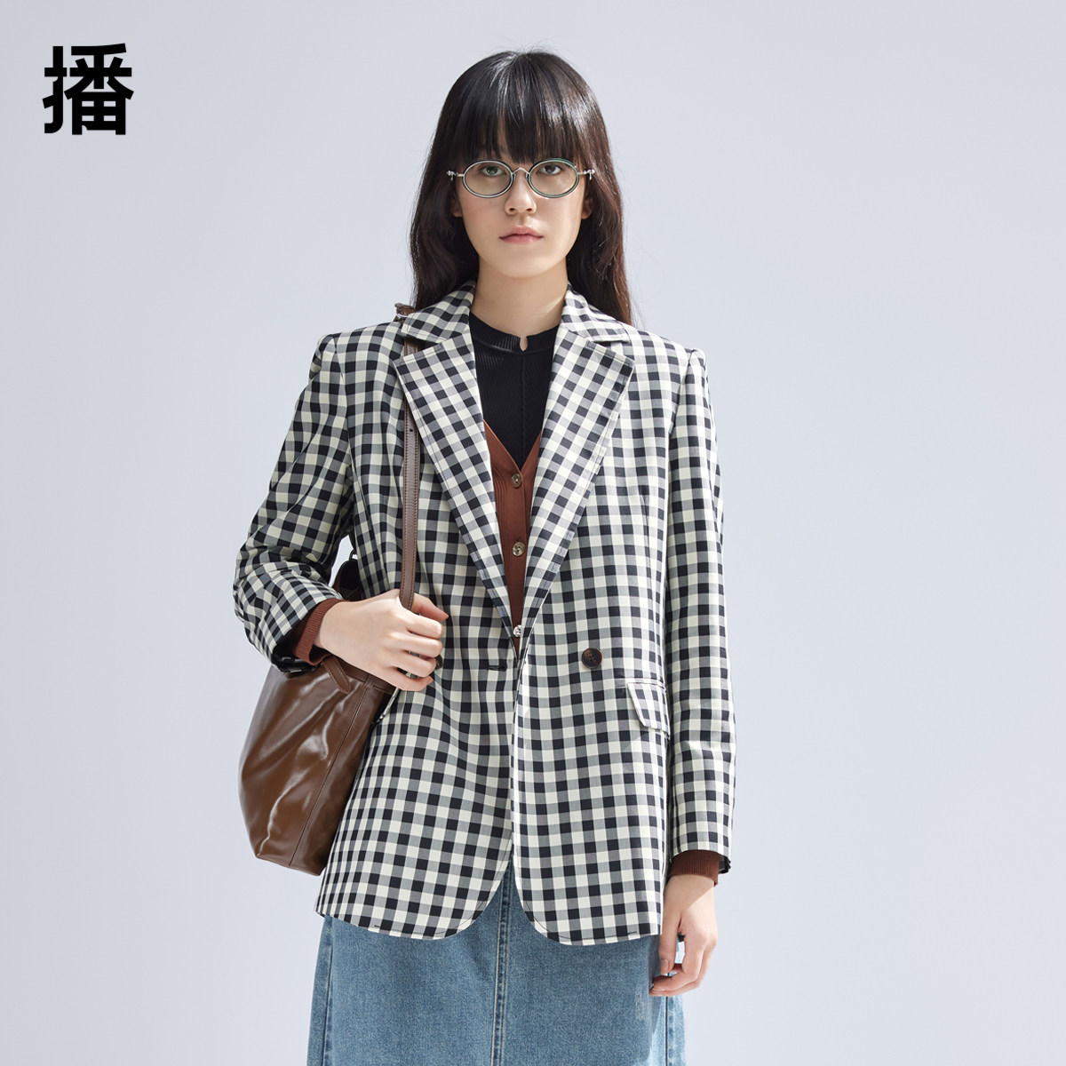 播格子西装外套女商场同款2024春新款休闲宽松西服上衣BDR1XD0038