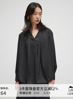 播商场同款黑色V领显瘦衬衫女24春秋通勤宽松衬衣BDR3CD1746