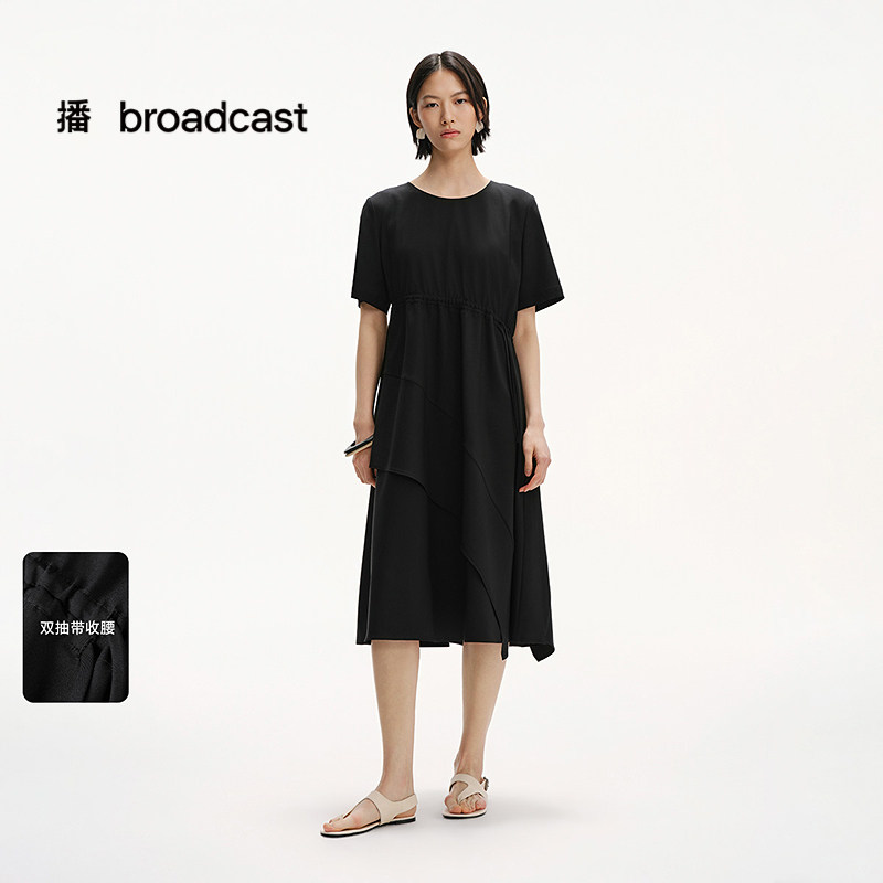 播圆领通勤风黑色短袖连衣裙女25夏季新款不规则长裙DDS2LD5015