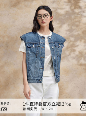 播蓝色牛仔马甲女春季小个子无领洋气叠穿坎肩DDR2MD5520