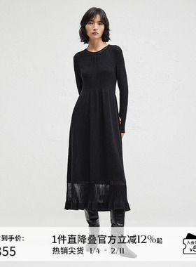 播黑色中长款修身打底针织连衣裙女冬高腰显瘦长裙DDR4LD5069