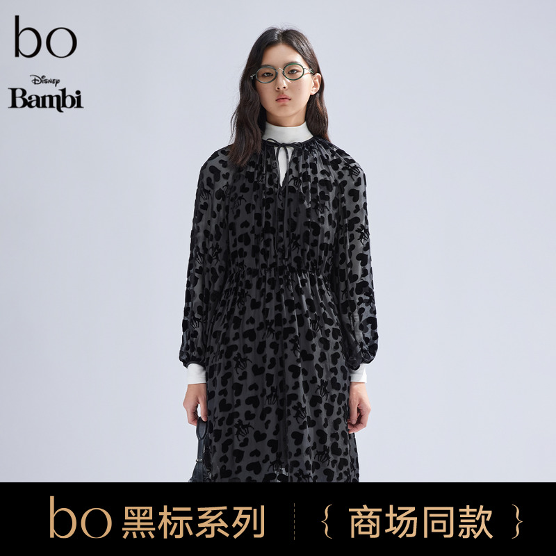 播迪士尼小鹿斑比系列商场同款2024新款微透V领连衣裙BDR1LD2403
