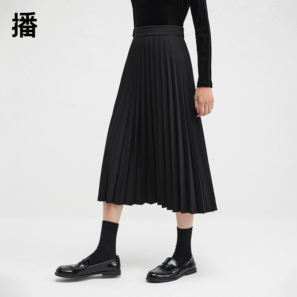 播秋冬黑色半身裙高腰显瘦气质通勤a字百褶半裙BDR4BD4034
