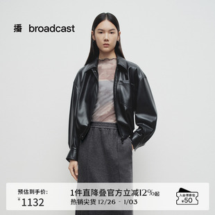 播商场同款 机车宽松上衣BDS1WD1555 复古外翻领皮面短外套女25春季