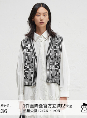 播商场同款黑白格纹针织开衫女24春秋复古马甲背心BDR3UD3262