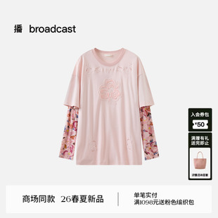 T恤女26春新款 粉色宽松休闲上衣BDT1YD1232 印花拼接袖 播商场同款