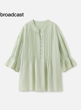 播优雅V领花式衬衫女25秋季新款绿色圆领宽松别致衬衣DDS3HD5016