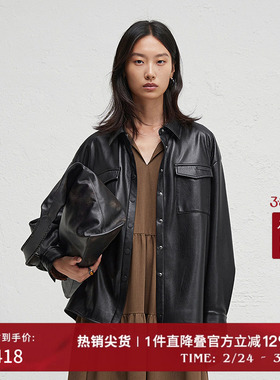 播黑色复古皮质衬衫女冬季宽松酷飒机车服外套DDR4CD5084