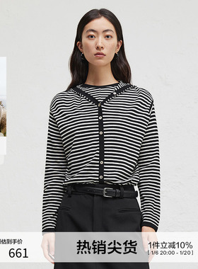 【100%羊毛】播商场同款条纹针织衫女24秋新款薄款外套BDR3SD3381