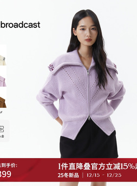 播紫色镂空设计羊毛拉链针织开衫女2025冬新款软糯上衣DDS4UD5141