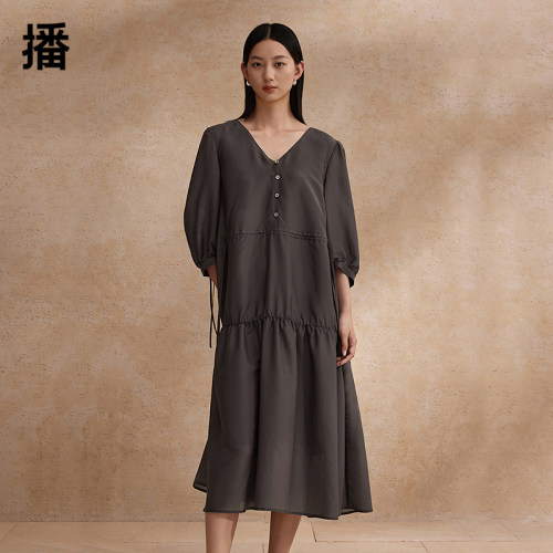播醋酸v领连衣裙女商场同款2024夏度假风泡泡袖长裙BDR2LD0951