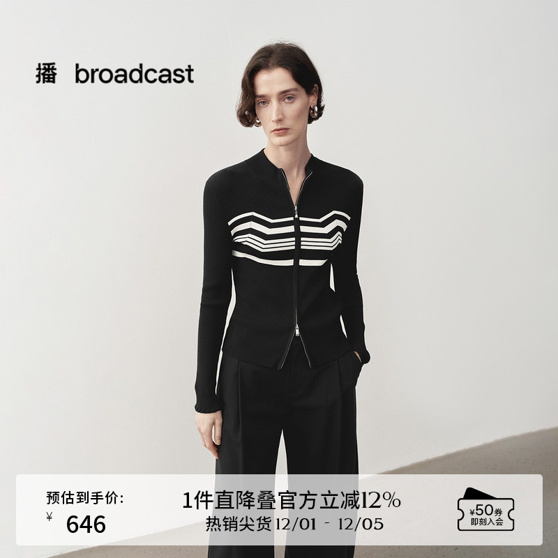 拉链立领，不规则条纹增添造型层次