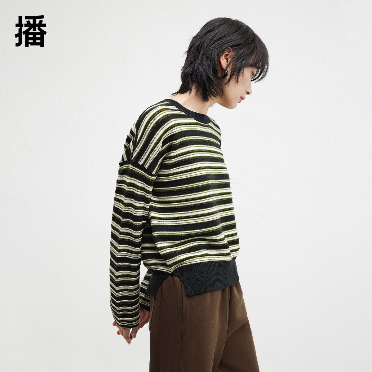 100%羊毛播24秋冬新款条纹女毛衣