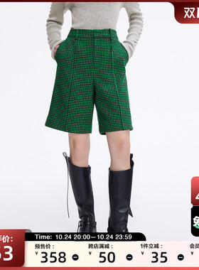2022冬季新款宽松黑色拉链门襟复古千鸟格五分短裤女DDP4KD4798