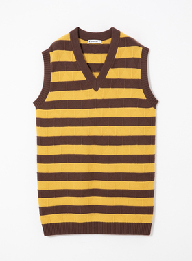 播冬季新款100%羊毛宽松背心V领彩色宽条纹连衣裙BDP9LD9829