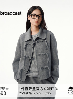 播翻领牛角扣短款灰色毛呢外套女秋冬宽松上衣DDS4AD5284