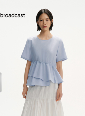 播法式独特漂亮雪纺收腰衬衫女25春夏新款蓝色气质短袖DDS2HD5014