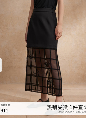 【桑蚕丝】播网纱拼接黑色半身裙女夏季商场同款A字裙BDR2BD1663