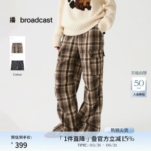 播工装风复古格纹休闲裤女冬季休闲宽松直筒裤DDS4KD5248