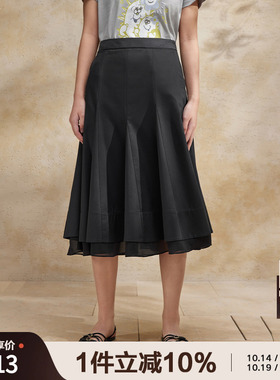 播质感金属拉链黑色半身裙女商场同款中长款A字荷叶裙BDR2BD1096