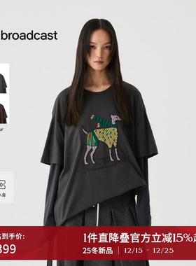 播假两件圆领刺绣T恤女25冬季新款松弛慵懒宽松上衣DDS4YD5140